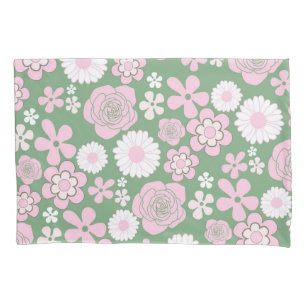 Green Pink White Retro Y2K 70s Flower Pattern Pillow Case