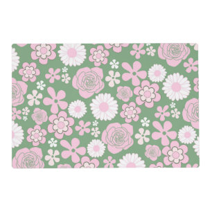 Green Pink White Retro Y2K 70s Flower Pattern Placemat