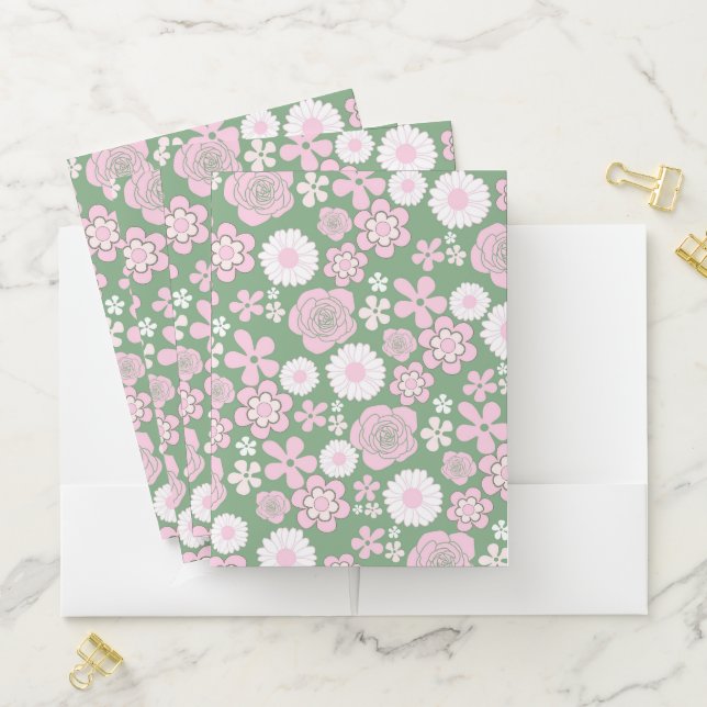 Green Pink White Retro Y2K 70s Flower Pattern Pocket Folder (In Situ)