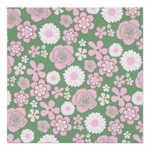 Green Pink White Retro Y2K 70s Flower Pattern Poster