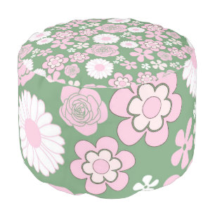 Green Pink White Retro Y2K 70s Flower Pattern Pouf
