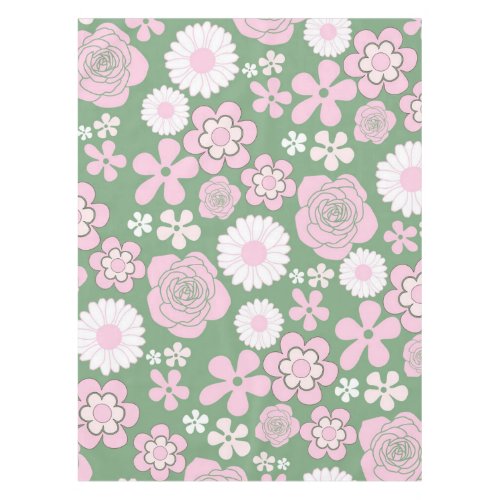 Green Pink White Retro Y2K 70s Flower Pattern Tablecloth