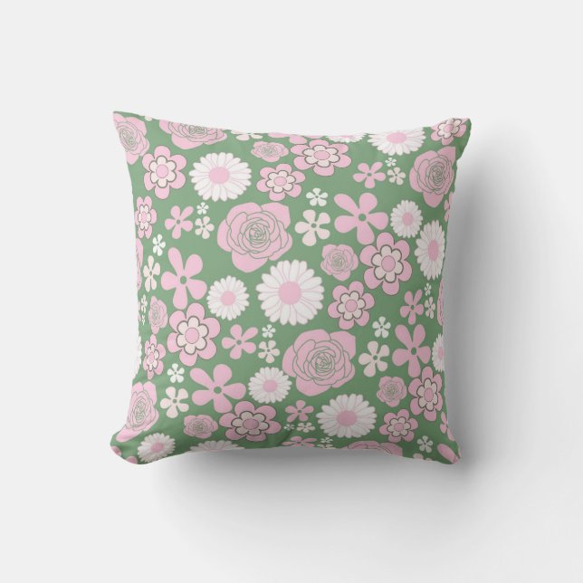 Green Pink White Retro Y2K 70s Flower Pattern Throw Pillow (Front)