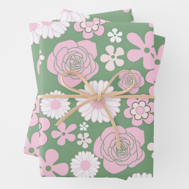 Green Pink White Retro Y2K 70s Flower Pattern Wrapping Paper Sheets (In situ)