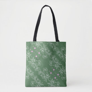 GREEN PINK WHITE SEAMLESS FLOWER PATTERN TOTE BAG