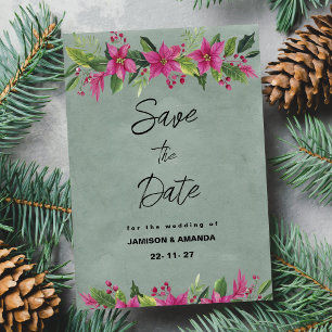 Green pink winter floral Christmas Save The Date Invitation