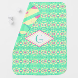 Green Pink Yellow Art Deco Custom Initial Nursery Baby Blanket