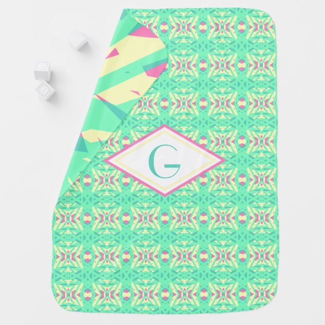 Green Pink Yellow Art Deco Custom Initial Nursery Baby Blanket (In Situ)