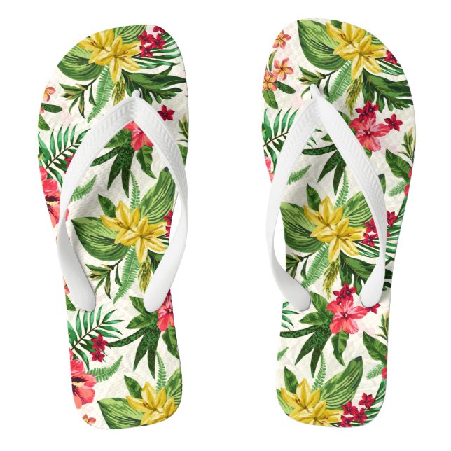 Green Pink Yellow Tropical Blossom Flip Flops (Footbed)