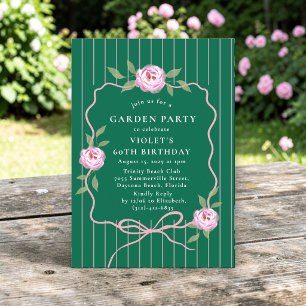 Green Pinstripe Rose Garden Party 60th Birthday  Invitation
