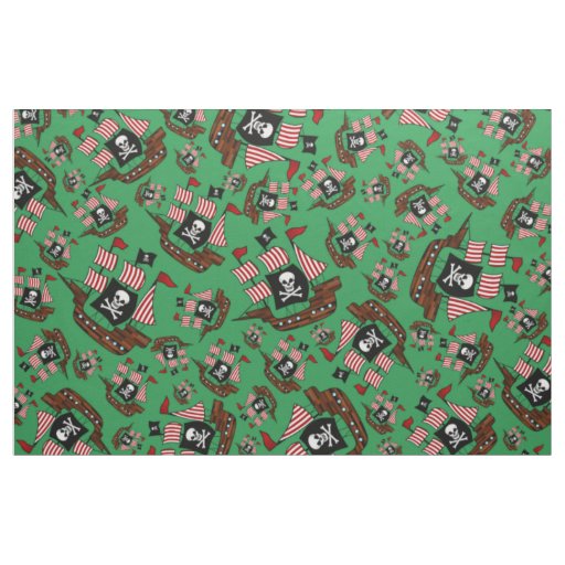 Green pirate ship pattern fabric