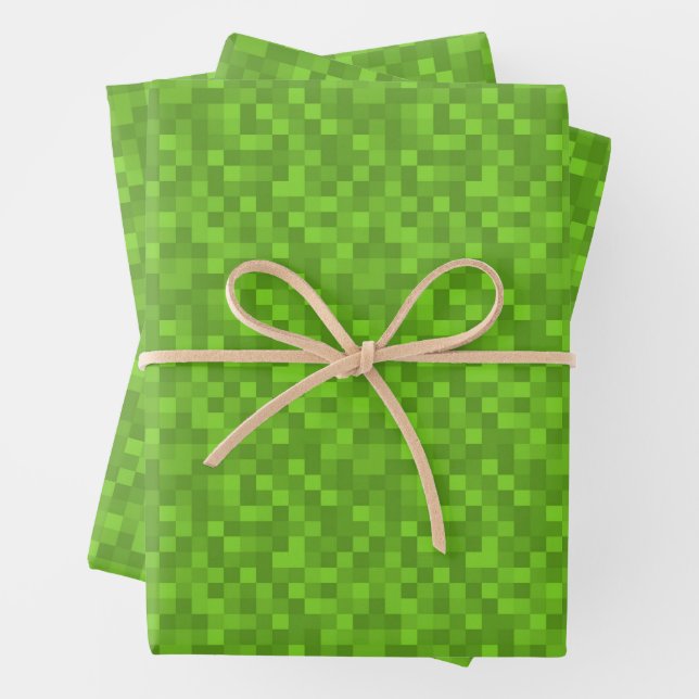 Green Pixel Pattern Retro 8-Bit Gaming Wrapping Paper Sheets (In situ)