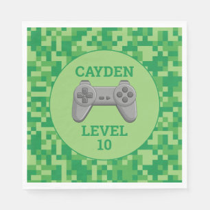 Green Pixelated level up Video Game Birthday Party Napkins