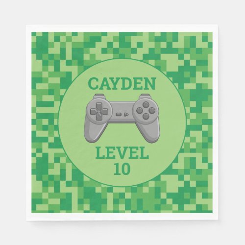 Green Pixelated level up Video Game Birthday Party Napkins