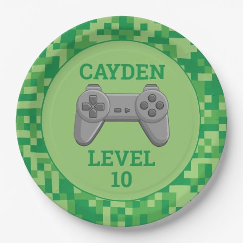 Green Pixelated level up Video Game Birthday Party Paper Plates