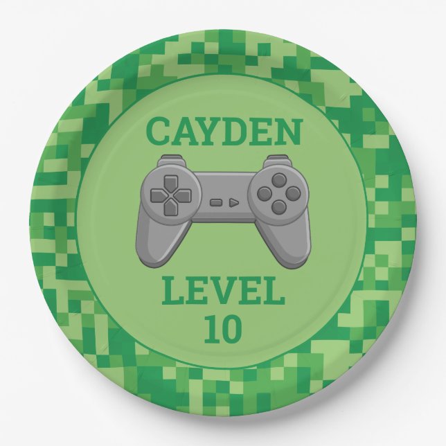 Green Pixelated level up Video Game Birthday Party Paper Plates (Front)