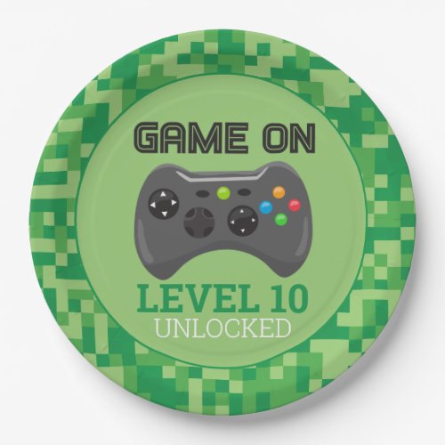 Green Pixelated level up Video Game Birthday Party Paper Plates