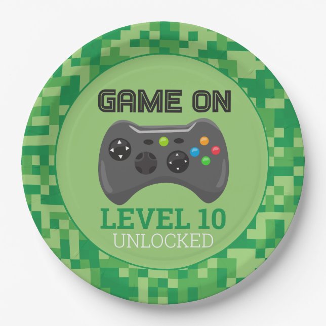 Green Pixelated level up Video Game Birthday Party Paper Plates (Front)