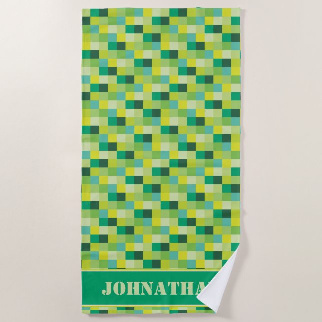 Green Pixelated Pattern Gamer | Personalized Beach Towel (Front)