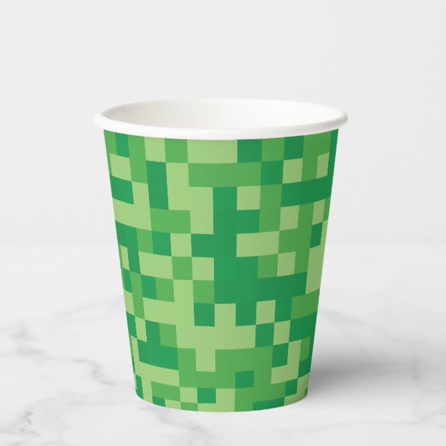 Green Pixelated Video Game Birthday Party Paper Cups (Front)
