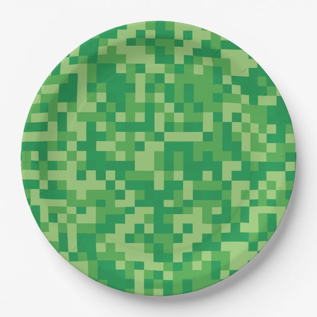 Green Pixelated Video Game Birthday Party Paper Plates (Front)