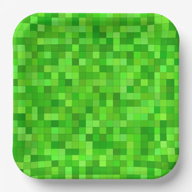 Green Pixels Paper Plates, Block Building Party Plates (Front)