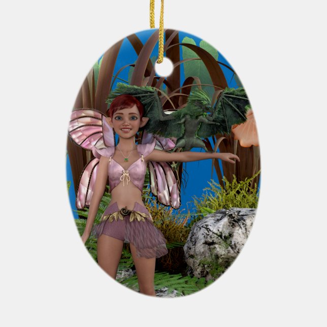 Green pixie dragon on fairy Avery's arm Ceramic Ornament (Back)