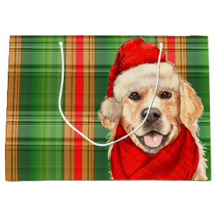 Green Plaid and Golden Retriever Dog Lover Holiday Large Gift Bag