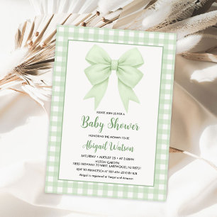 Green Plaid And Green Bow Baby Shower Invitation