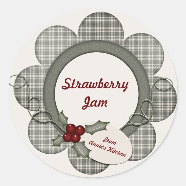 Green Plaid and Holly Classic Round Sticker (Front)
