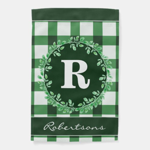 Green Plaid and Wreath Family Name Monogram Garden Flag