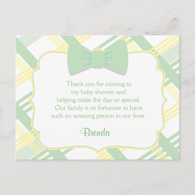 Green Plaid Baby Shower Thank You Cards (Front)