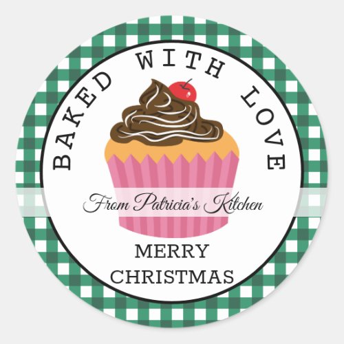 Green Plaid Baked With Love Christmas Cupcakes Classic Round Sticker