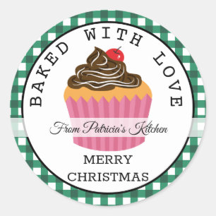 Green Plaid Baked With Love Christmas Cupcakes Classic Round Sticker