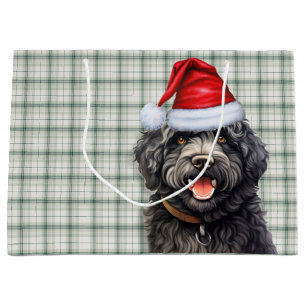 Green Plaid Barbet Dog Holiday Large Gift Bag