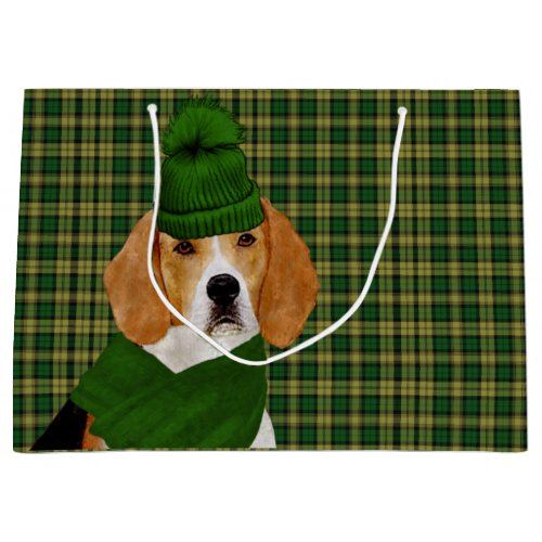 Green Plaid Beagle Dog Lover Holiday Large Gift Bag