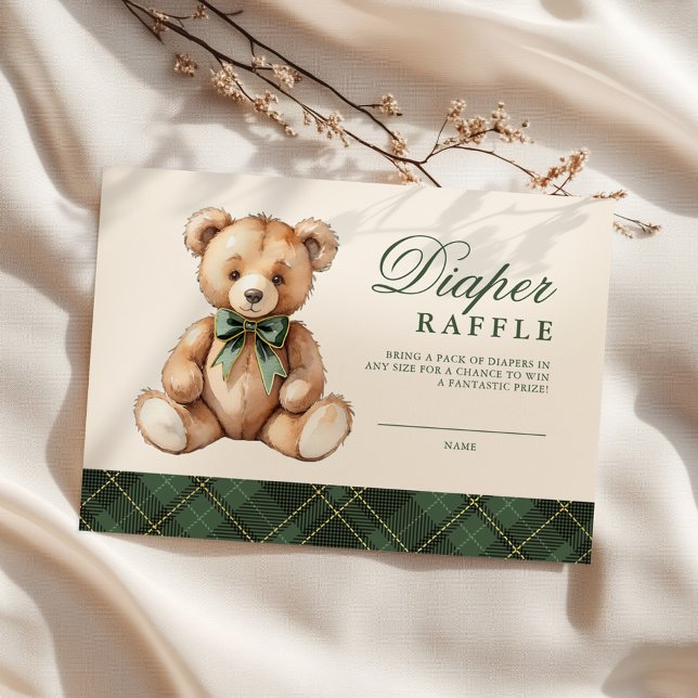 Green Plaid Bear Baby Shower Diaper Raffle Enclosure Card (Creator Uploaded)