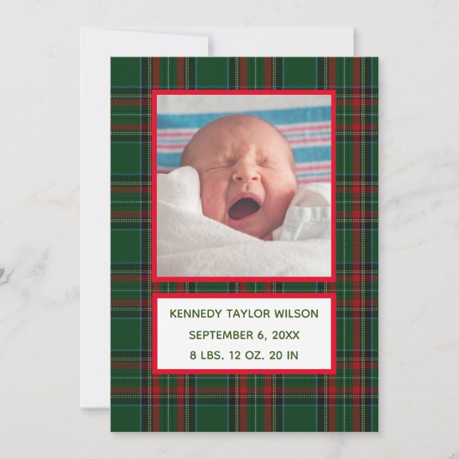 Green Plaid Birth Announcement Card (Front)