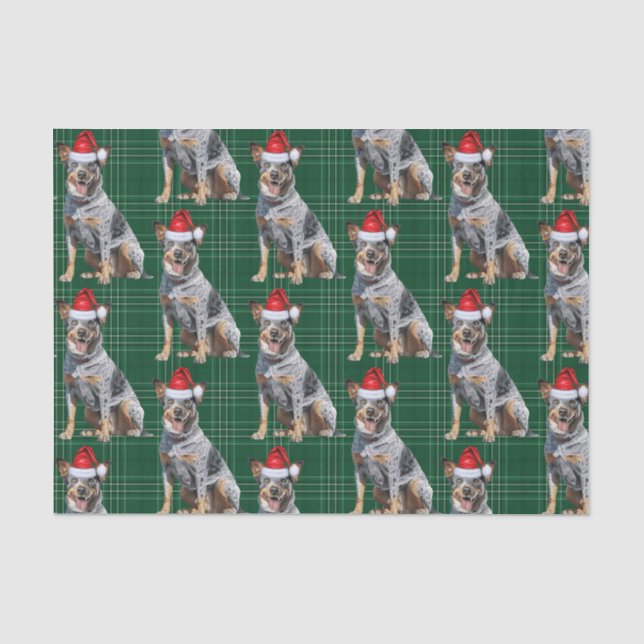 Green Plaid Blue Heeler Dog Christmas Holiday Tissue Paper (Front)