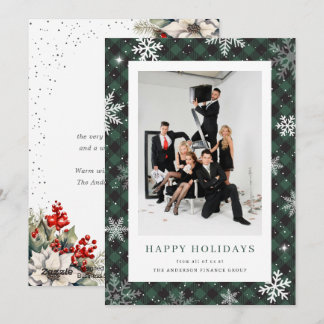 Green Plaid Botanical Photo Corporate Business Holiday Card