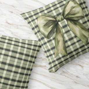 Green Plaid Bow Modern Rustic Farmhouse Olive Throw Pillow