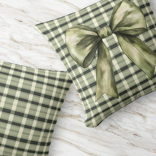 Green Plaid Bow Modern Rustic Farmhouse Olive Throw Pillow (Green Plaid Bow Modern Rustic Farmhouse Olive Throw Pillow)