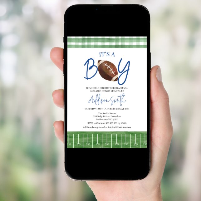 Green Plaid Boys Football Baby Shower Invitation (Front Digital)