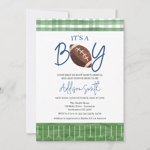 Green Plaid Boys Football Baby Shower Invitation