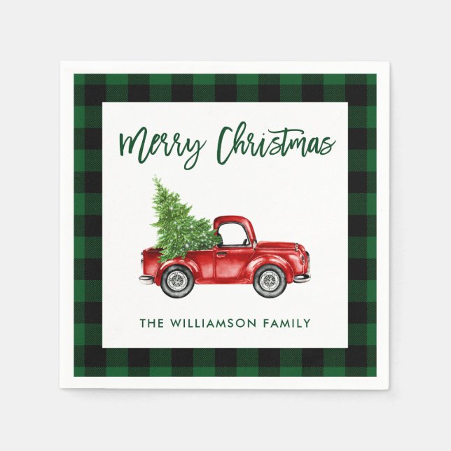 Green Plaid Brush Script Christmas Vintage Truck Napkins (Front)