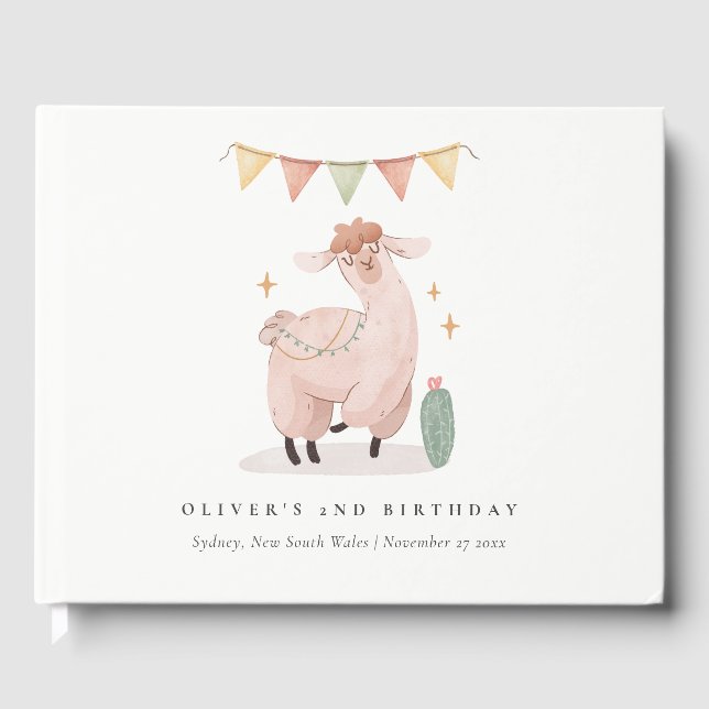 Green Plaid Cactus Boho Llama Any Age Birthday Guest Book (Front)