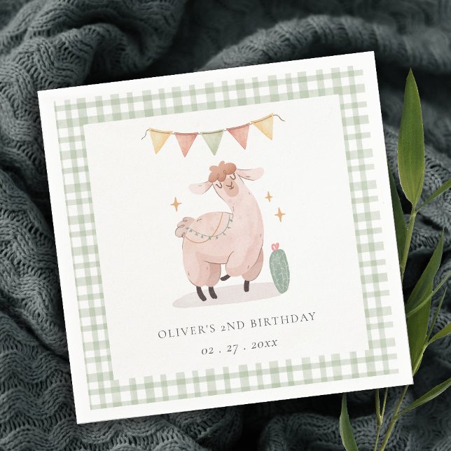 Green Plaid Cactus Boho Llama Any Age Birthday Napkins (Creator Uploaded)