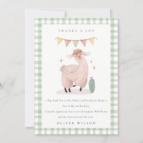 Green Plaid Cactus Boho Llama Any Age Birthday Thank You Card