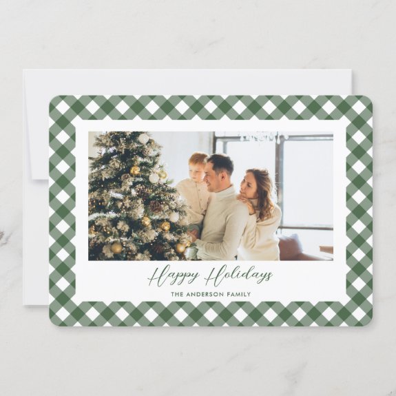 Green Plaid Calligraphy Photo Happy Holidays Card