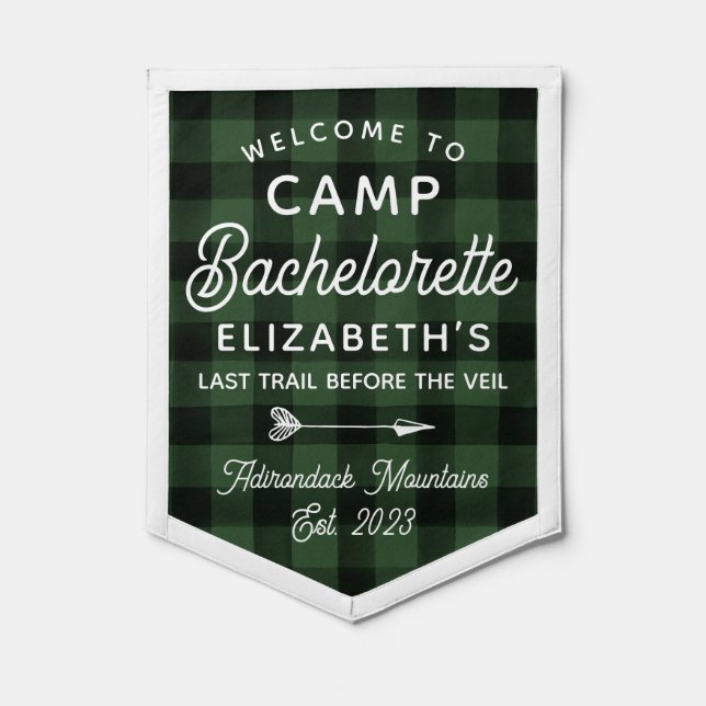Green Plaid Camp Bachelorette Welcome Sign Pennant (Front)